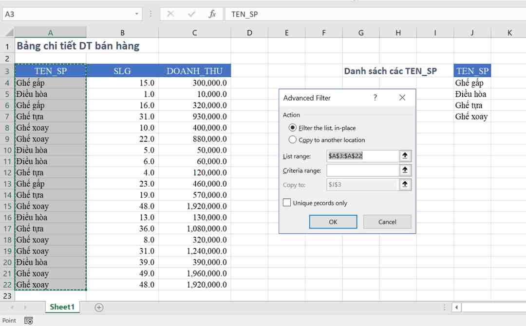 Bộ lọc dữ liệu của Excel dùng để chọn ra các ô trùng giá trị