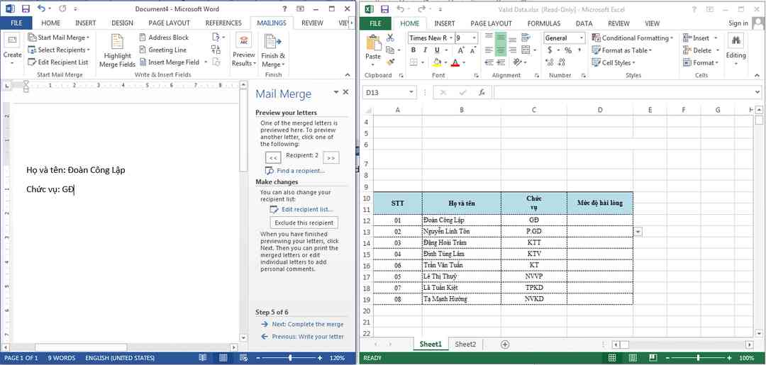Khi chuyển dữ liệu bằng mail merge cần chú ý để không mắc lỗi