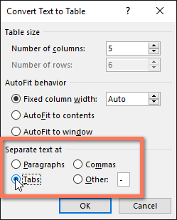 Nhấp chọn Convert Text to Table